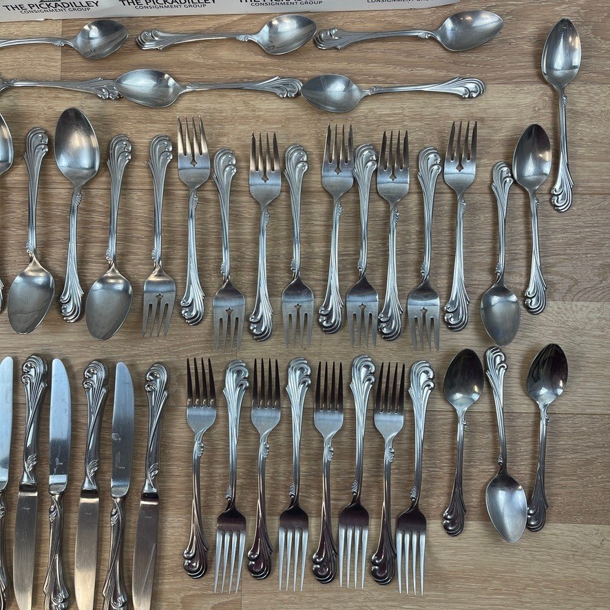 50 Plus 18-8 Stainless Japan Flatware Set Scroll Pattern Knives Forks Spoons