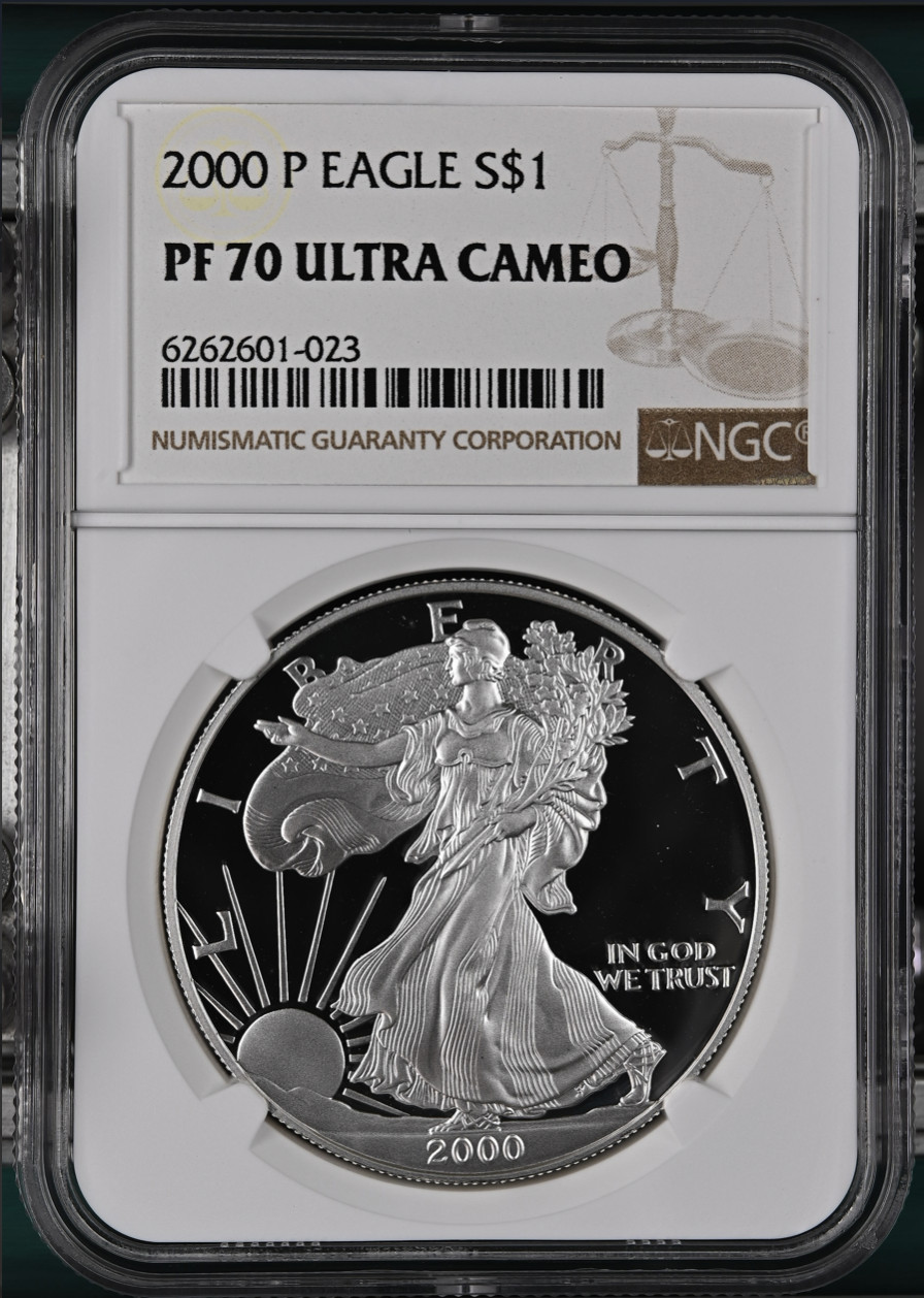 2000-P American Silver Eagle 1 Oz PF70 UCAM NGC Brown Label