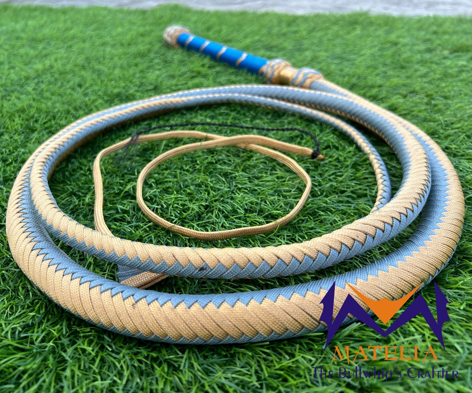 Waxed Nylon Bullwhip, Blue, light Gold: Australian Style, Size 4ft-12ft