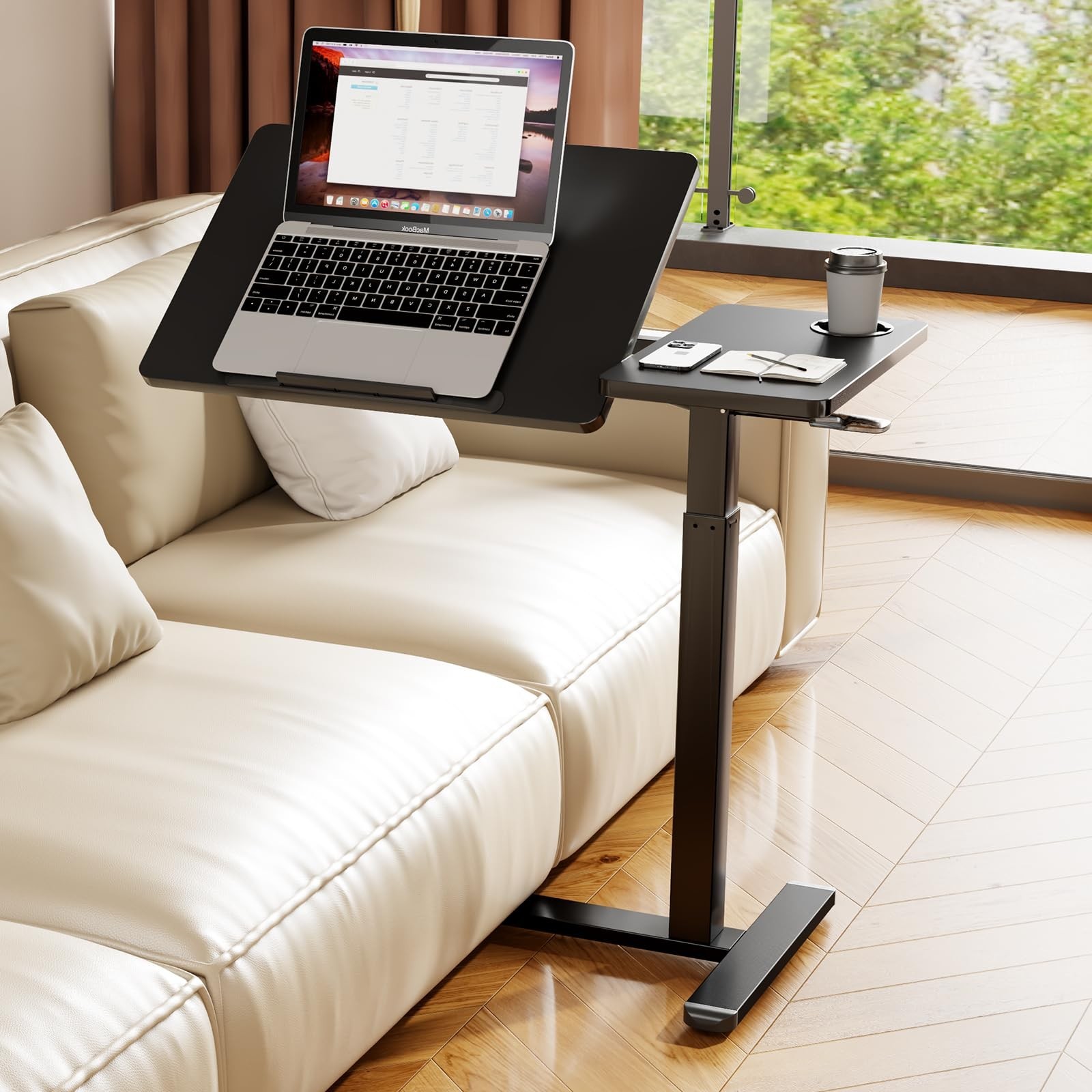 Foldable Overbed Table with Wheels, Pneumatic Height Adjustable Overbed Bedsi...