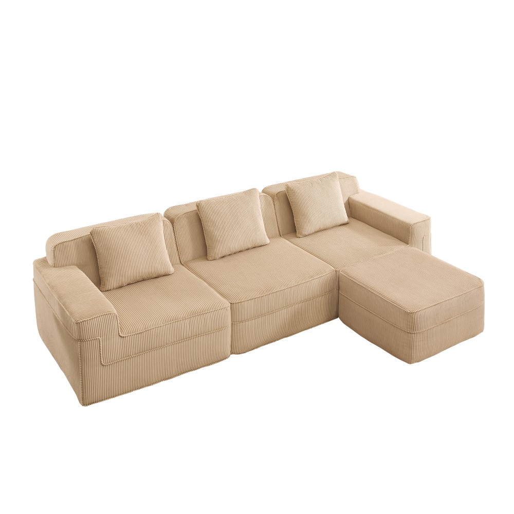 Modular 3-Seat L-Shape Sectional Sofa w/ Ottoman, Corduroy Camel