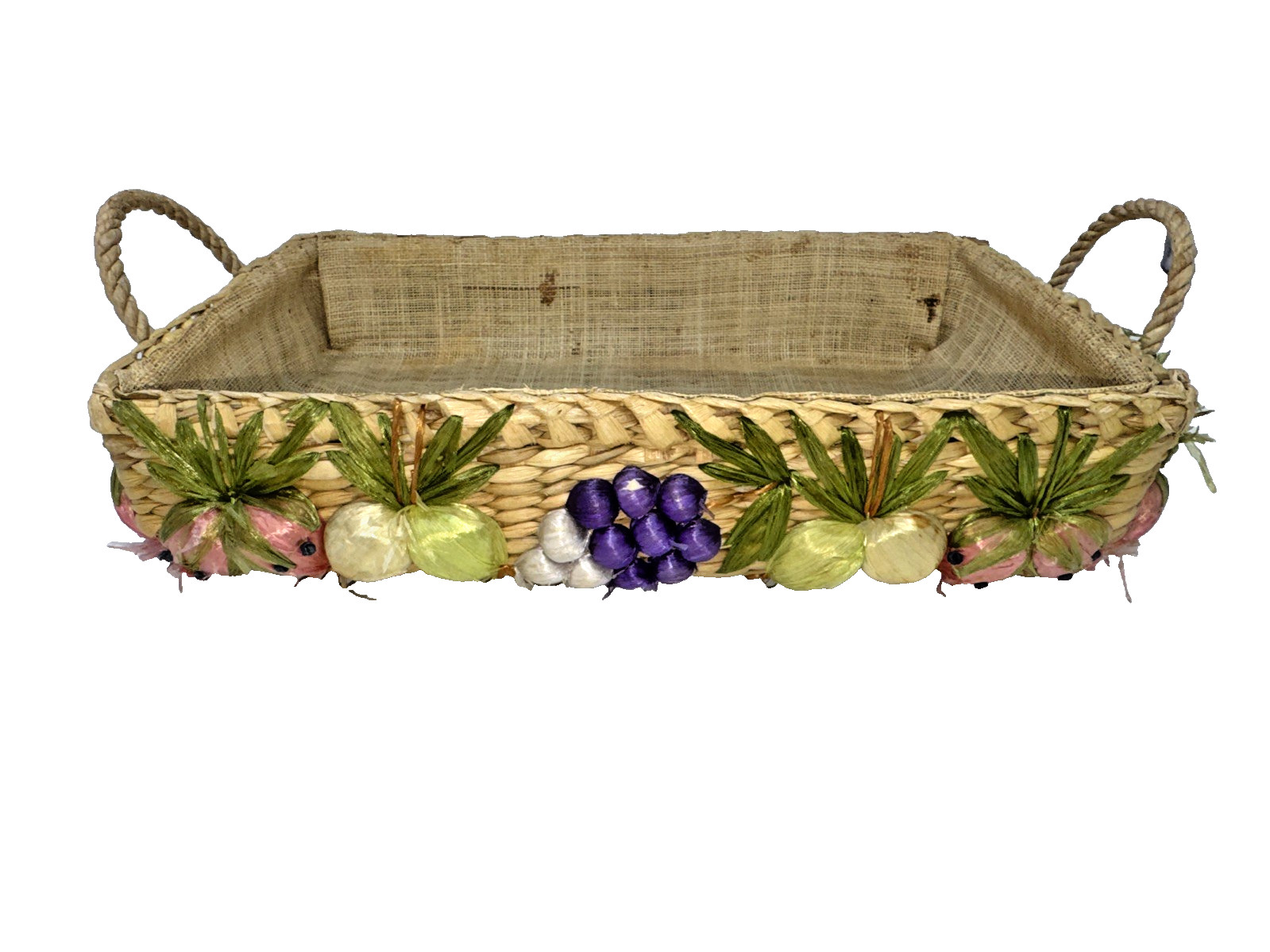 Vintage Wicker Casserole Carrier Holder Raffia Lined Woven Basket Veggie Accent