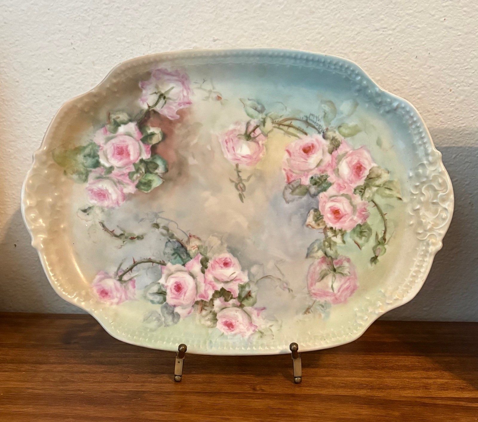 Antique T&V Tressemanes & Vogt Limoges Porcelain Vanity Tray Plate, Roses- 12.2
