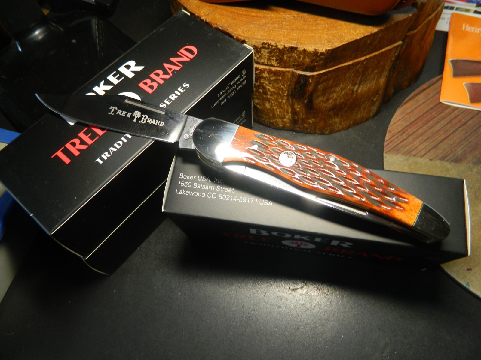 5 1/4" BOKER BROWN JIGGED BONE FOLDING POCKET KNIFE D2 BLADES #110836 LEA SHEATH