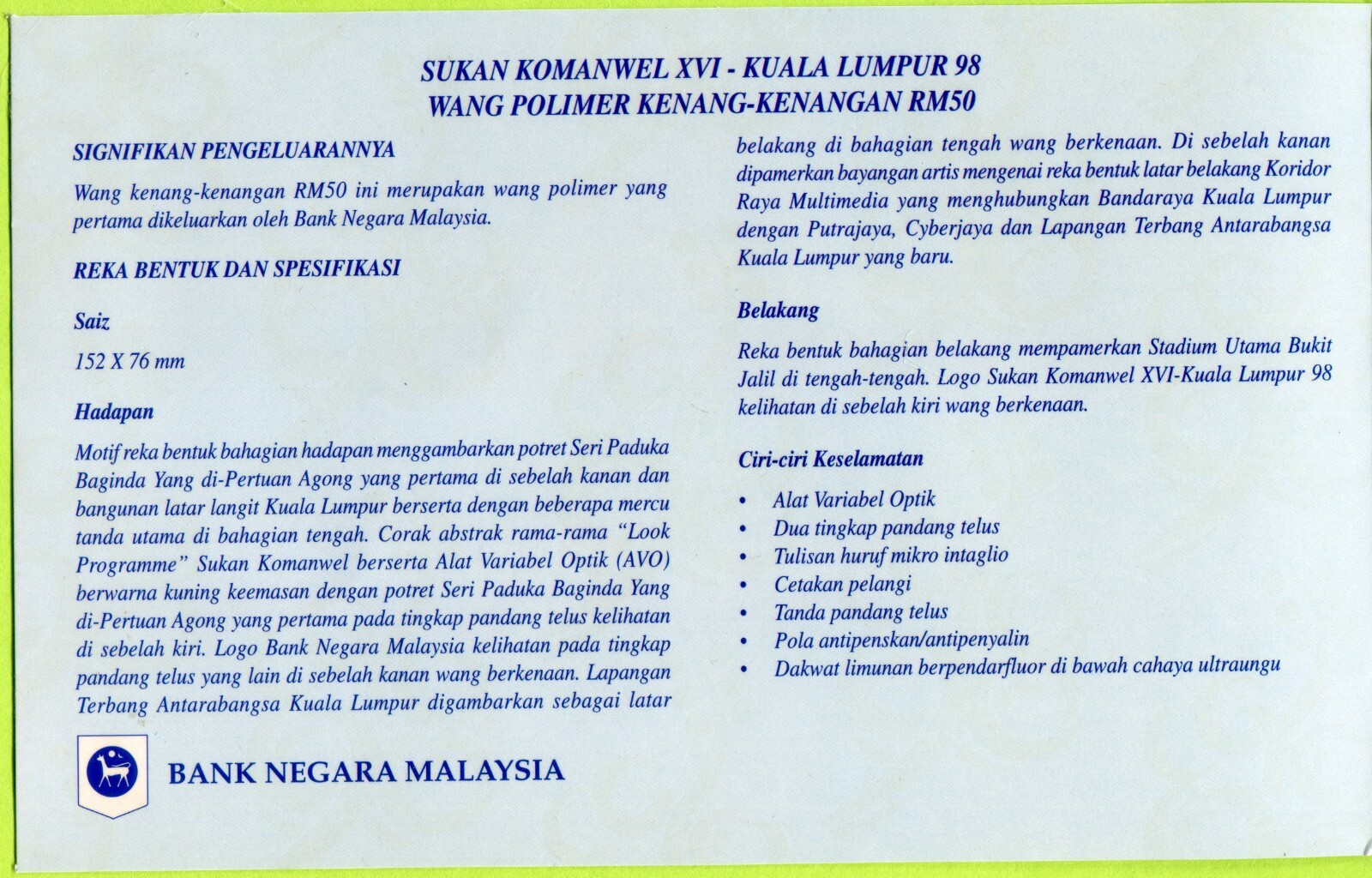 Malaysia 50 Ringgit 1998 P45 UNC - Polymer / Commemorative w/ folder