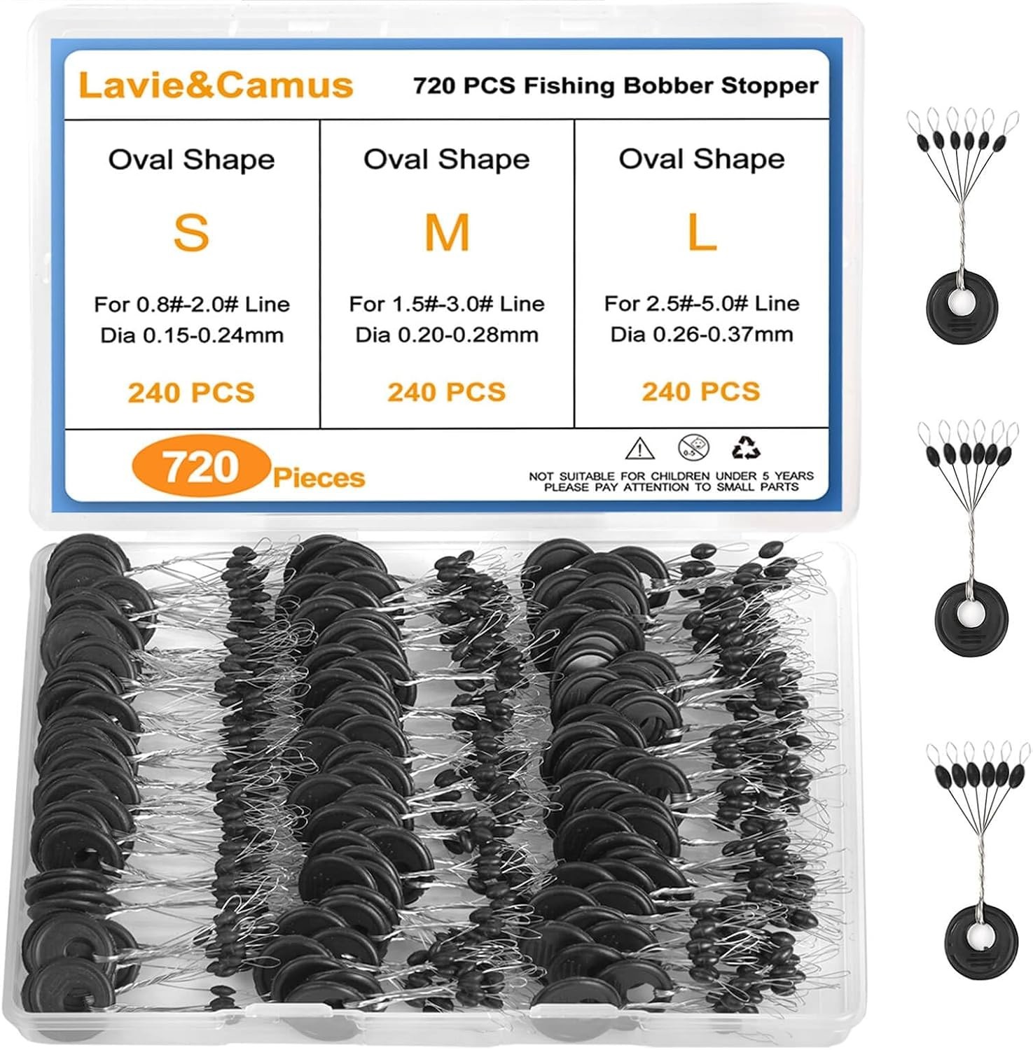 Lavie&Camus 720PCS Fishing Bobber Stops Oval Float Stopper Kit S M L Sizes