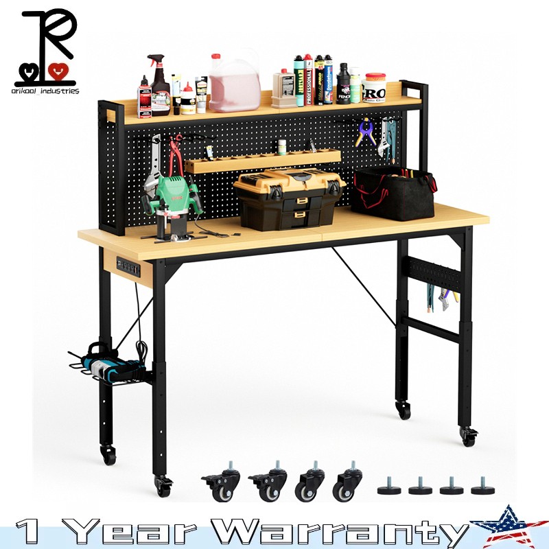 71'' Adjustable Workbench with Wheels Pegboard AC/USB Outlet Hooks Shelf 1600 lb