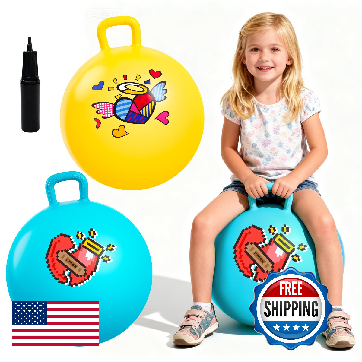 EVERICH TOY 2-Pack Hopper Ball for Kids, 18In Hippity Hop Balls, Yellow & Blue B