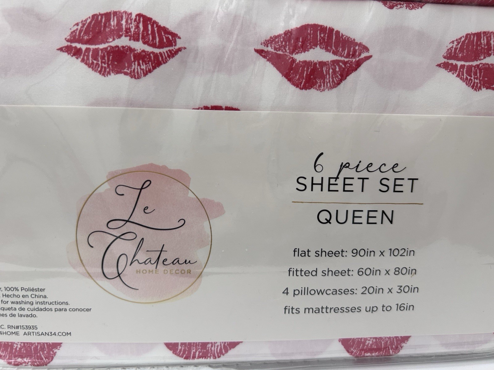Le Chateau Red Lipstick Bedsheets Queen Set 6pc. Romance Gift Set For Her.