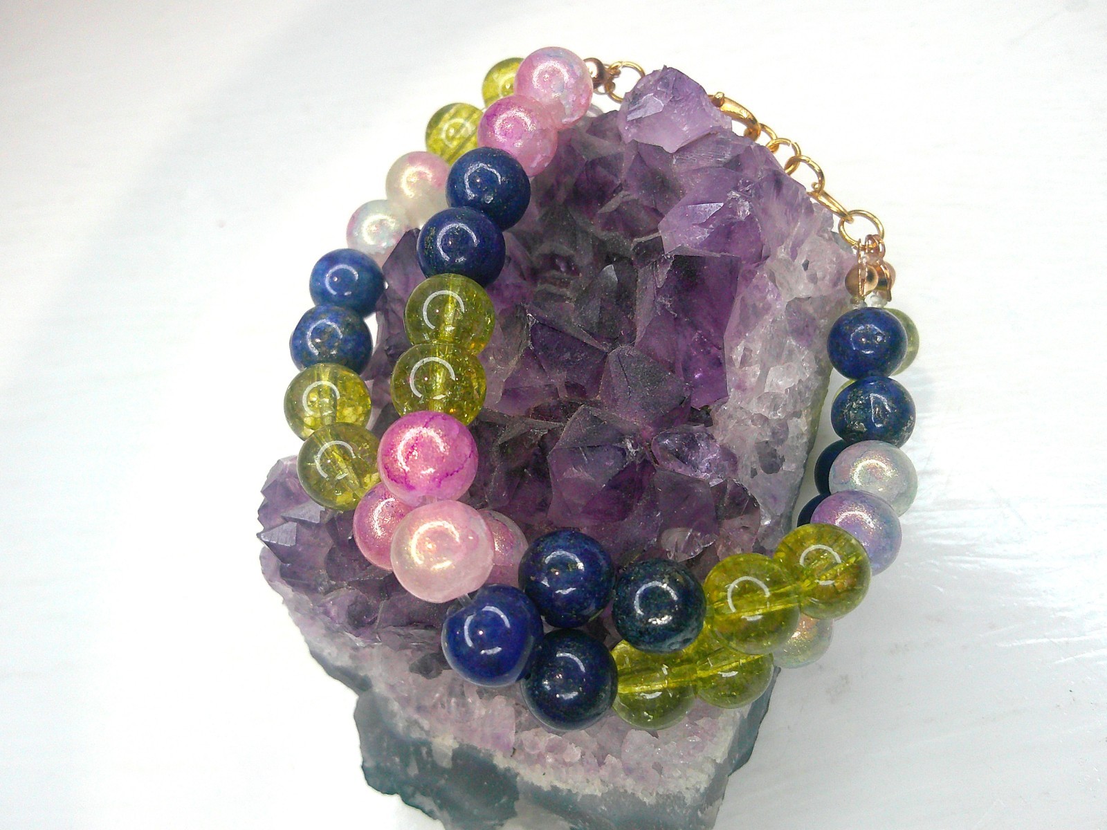 Gemstone Bracelet Double Strand Adjustable Bead Chunky Handmade Sodalite Peridot