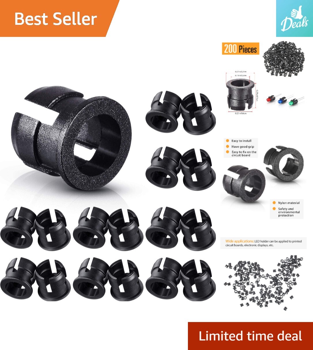 200 Pack Black Plastic LED Holder - Easy to Install, Suitable for PCBs & Elec...