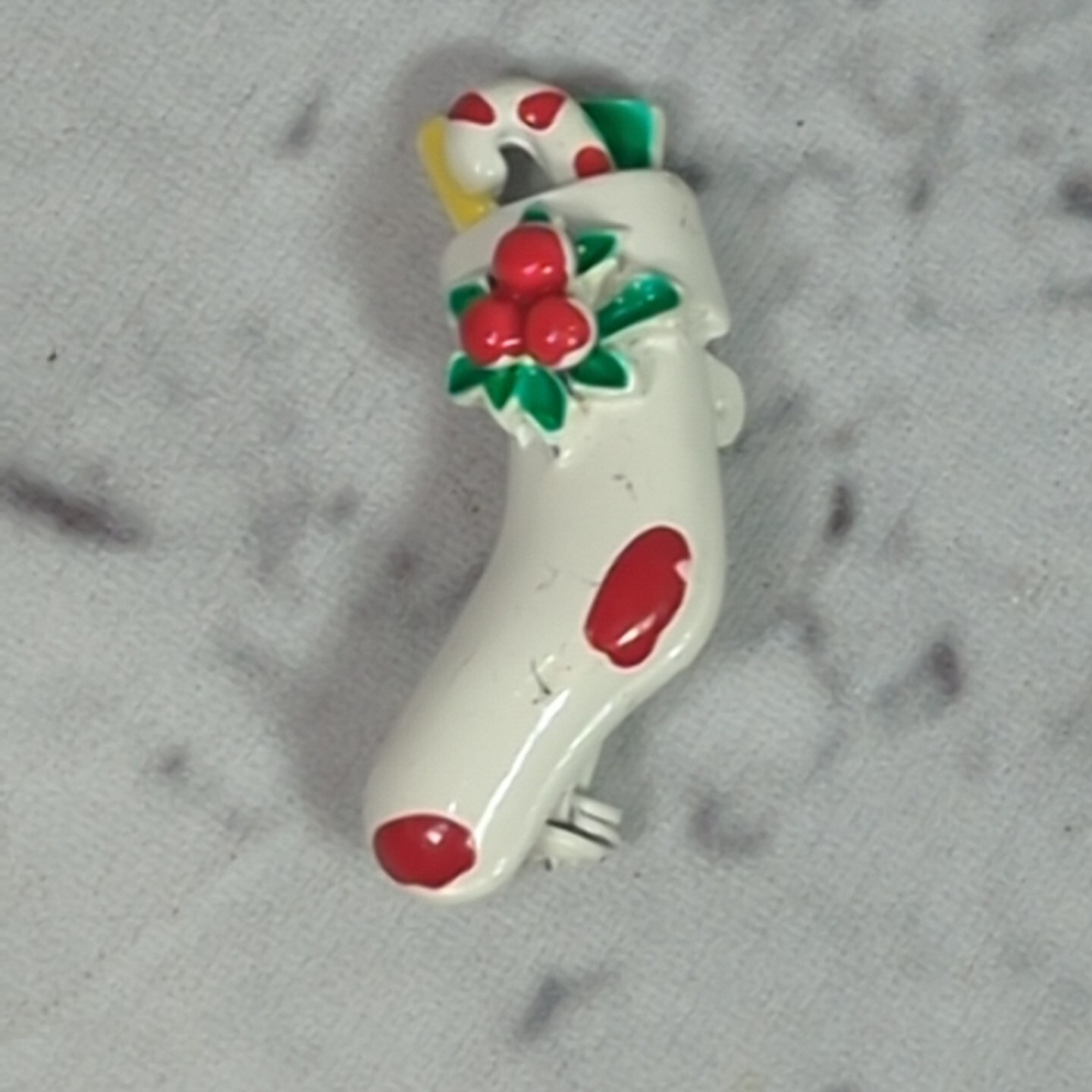 Christmas Stocking Pin White With Holly Vintage