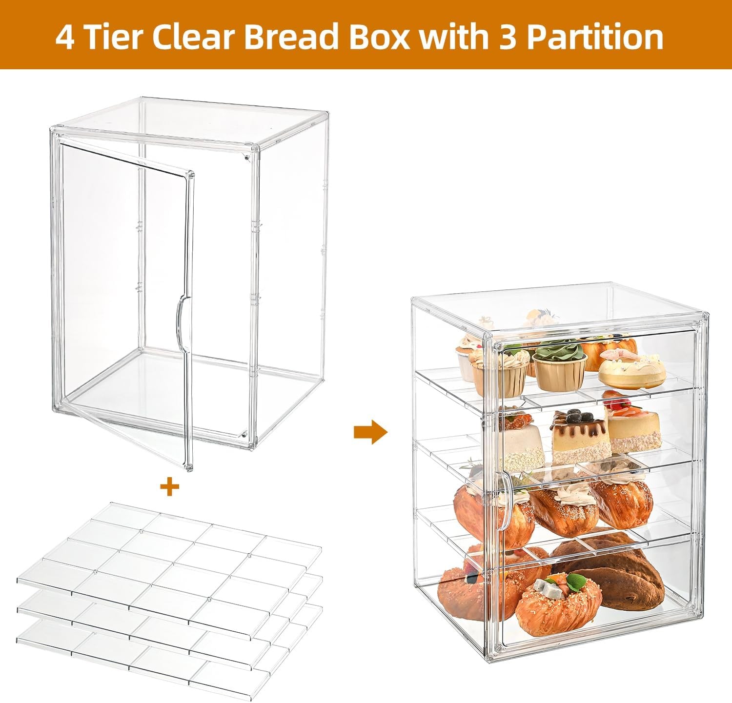 Pastry Display Case，4-Tier Adjustable Clear Bread Stora with Magnetic