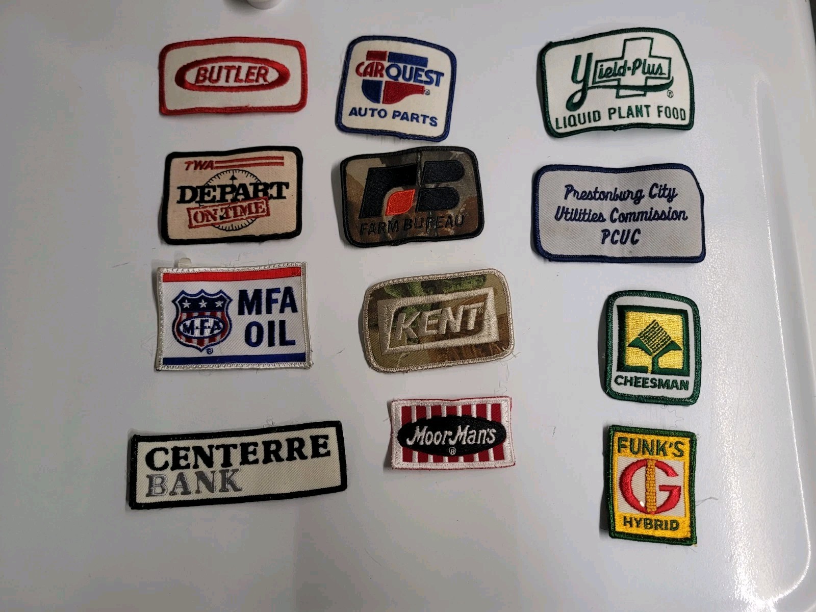 VINTAGE PATCH LOT OF 12 TWA, MFA OIL, CARQUEST AUTOPARTS FUNK SEEDS ETC.