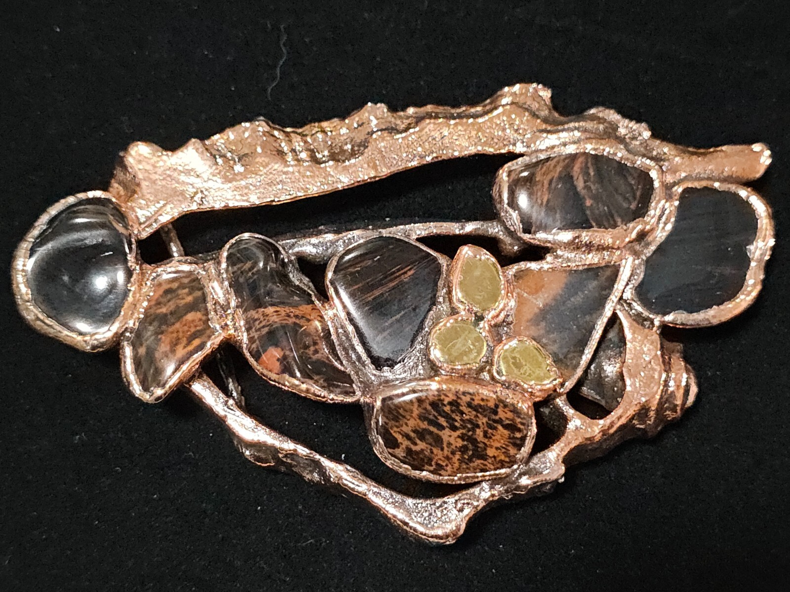Vtg Artisan Abstract Modernist Brutalist Molten Copper Gemstone Belt Buckle