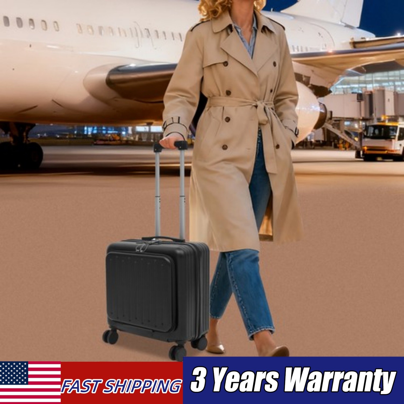 18" Boarding Suitcase Travel Underseat Carry On Luggage with Wheels Front Pocket