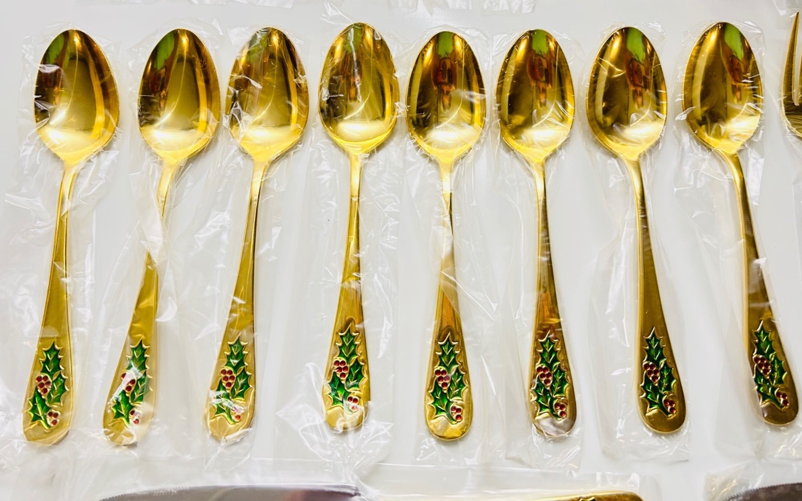Holly Berry Gold-Plated Stainless Steel Japan Flatware 8 Set New In Sleeves NIB