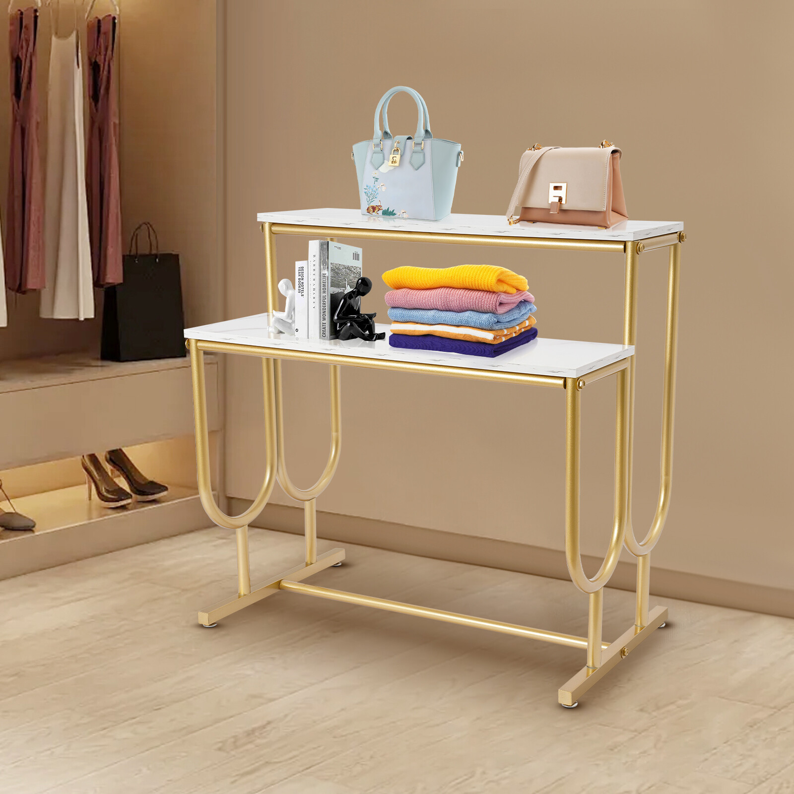 Purse Display Stand, Free Standing Handbag Display Stand, 2 Tier Display Table