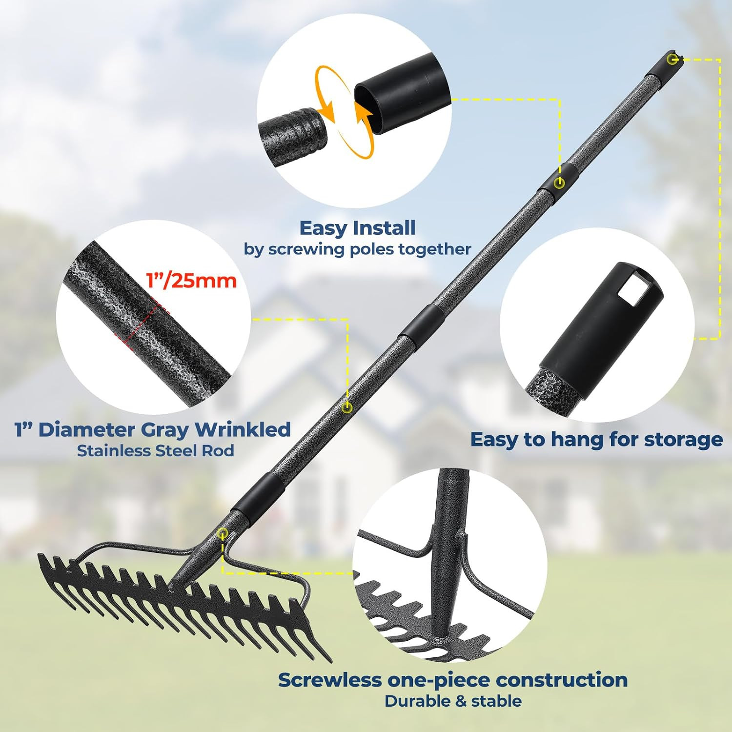 Garden Rake, 17" Extra Wide Double-Sided Head, 63" Heavy Duty Lightweight Stainl