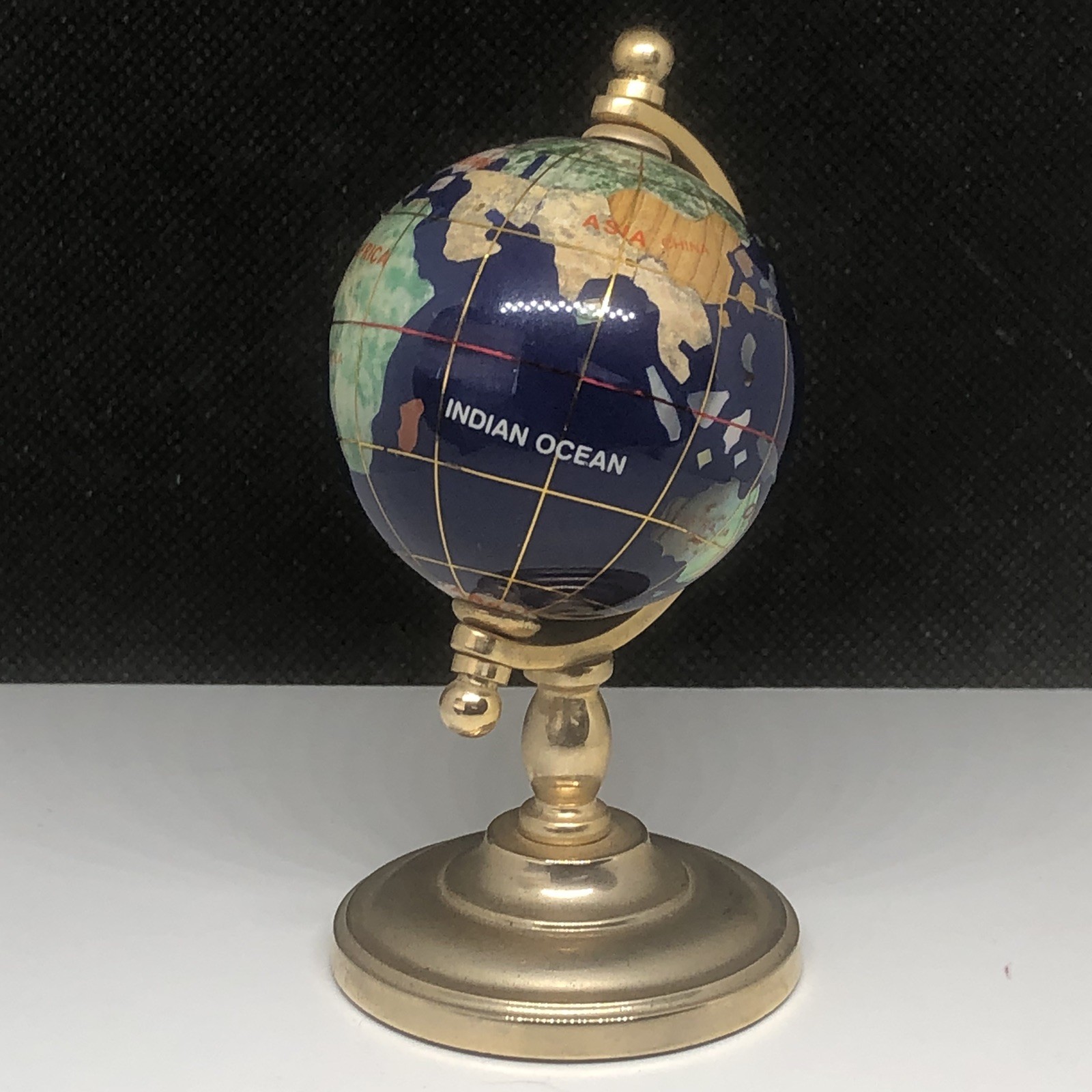 Semi Precious Gemstone brass Inlay Mini Desk Globe 6" tall