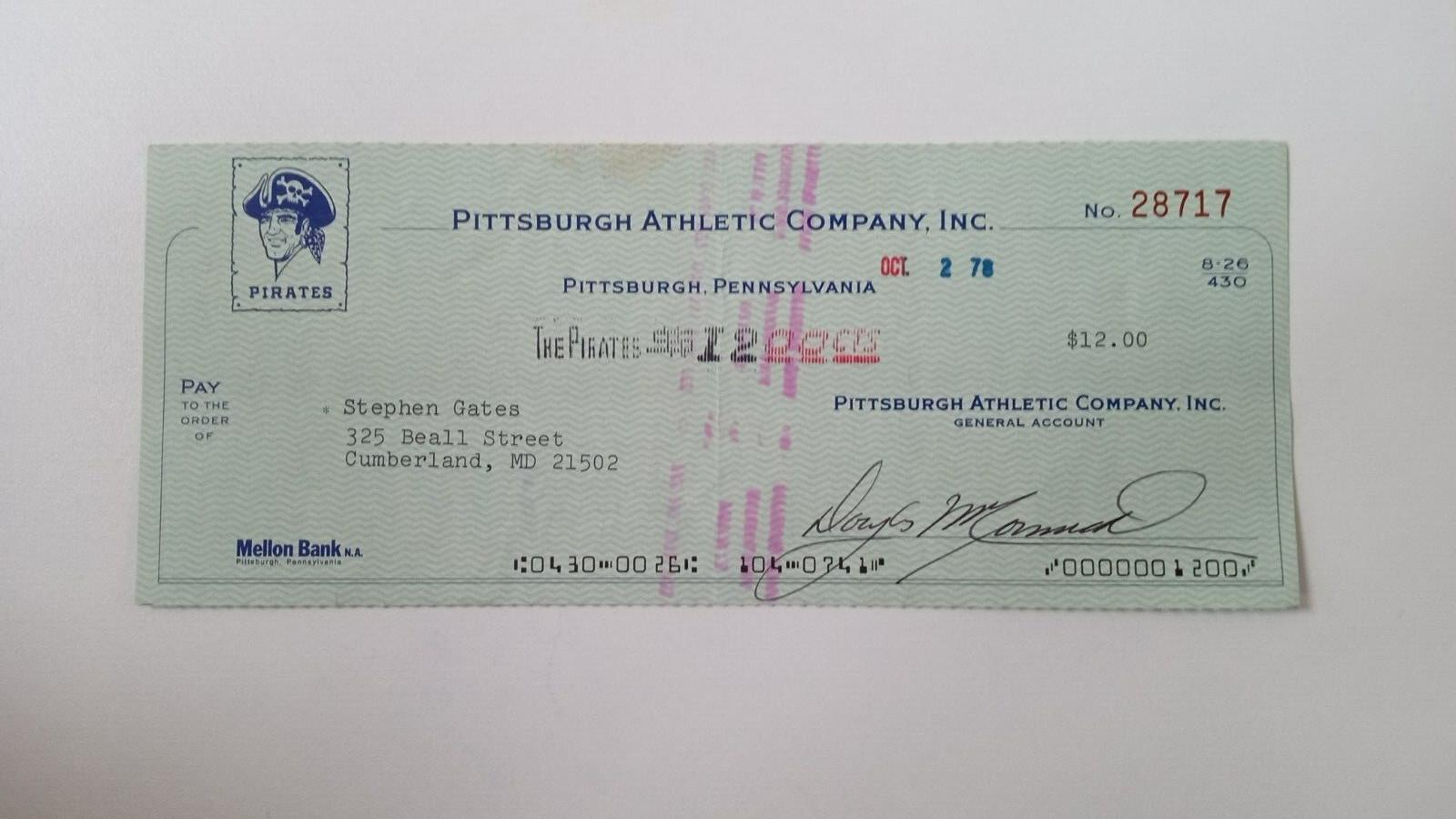 Stephen Gates: 1978 Pittsburgh Pirates Expense Check
