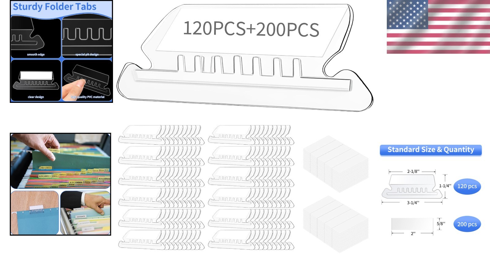 120 Pcs File Folder Tabs and 200 Pcs Inserts, File Tabs for Hanging Folders, ...