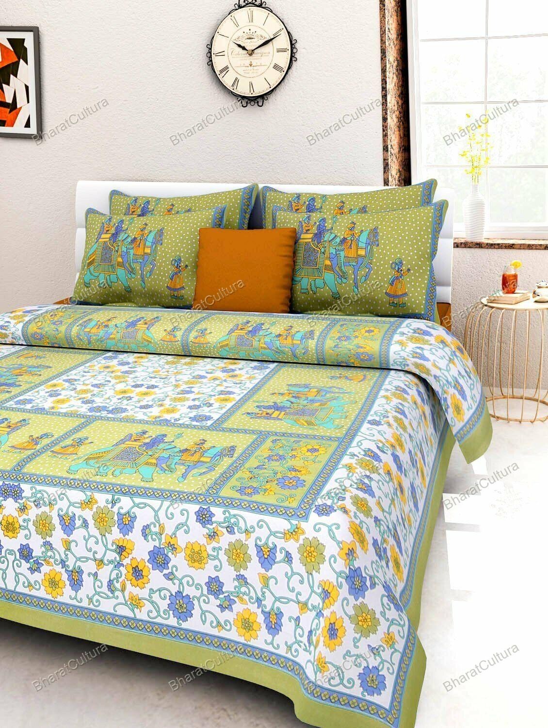 Jaipuri Floral Print Home Decor Double Green Color Bed Sheet With 2 Pillow Cover