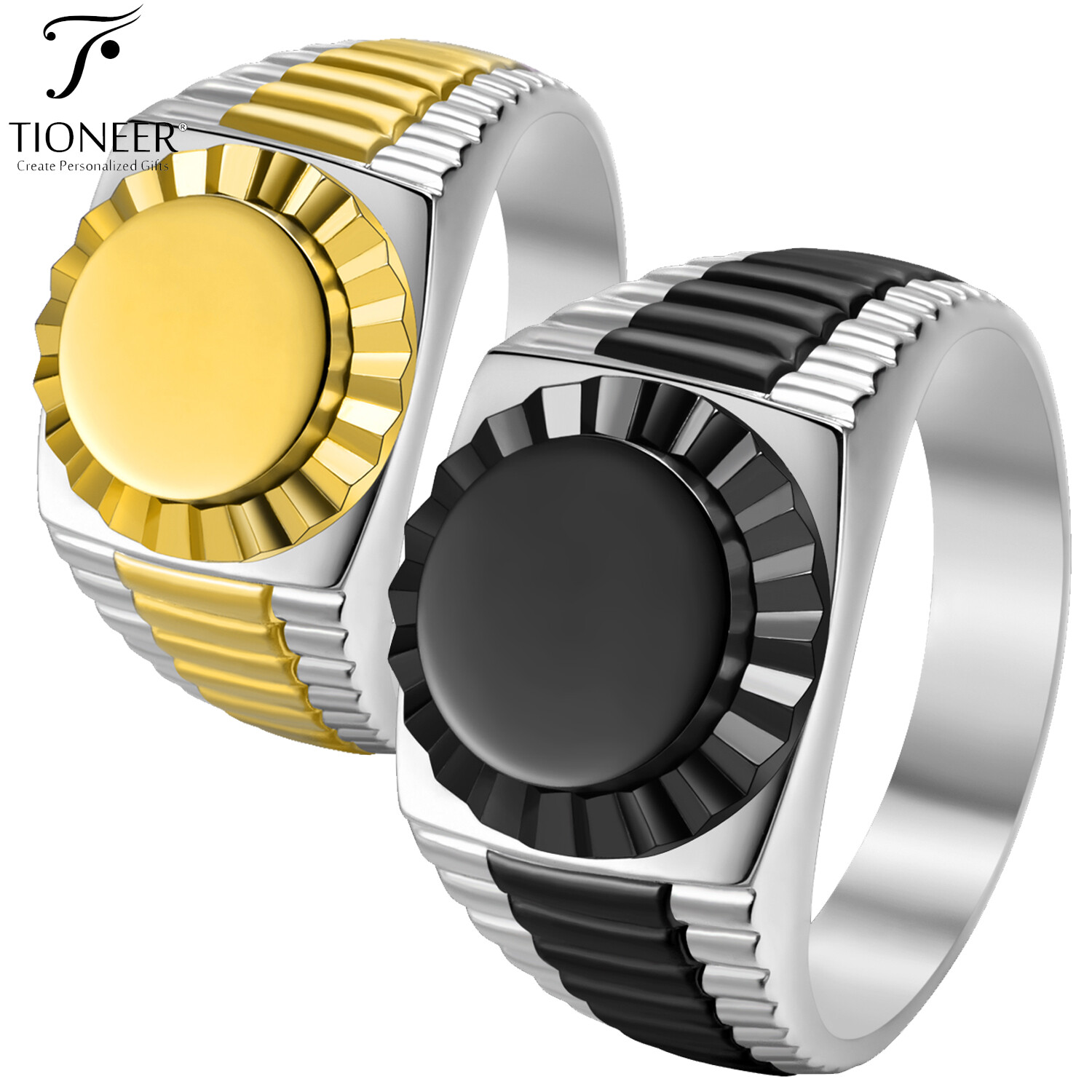 Classic Rolex Style Ring 316L Stainless Steel Two-Tone Flat Top w/ Free Engrave