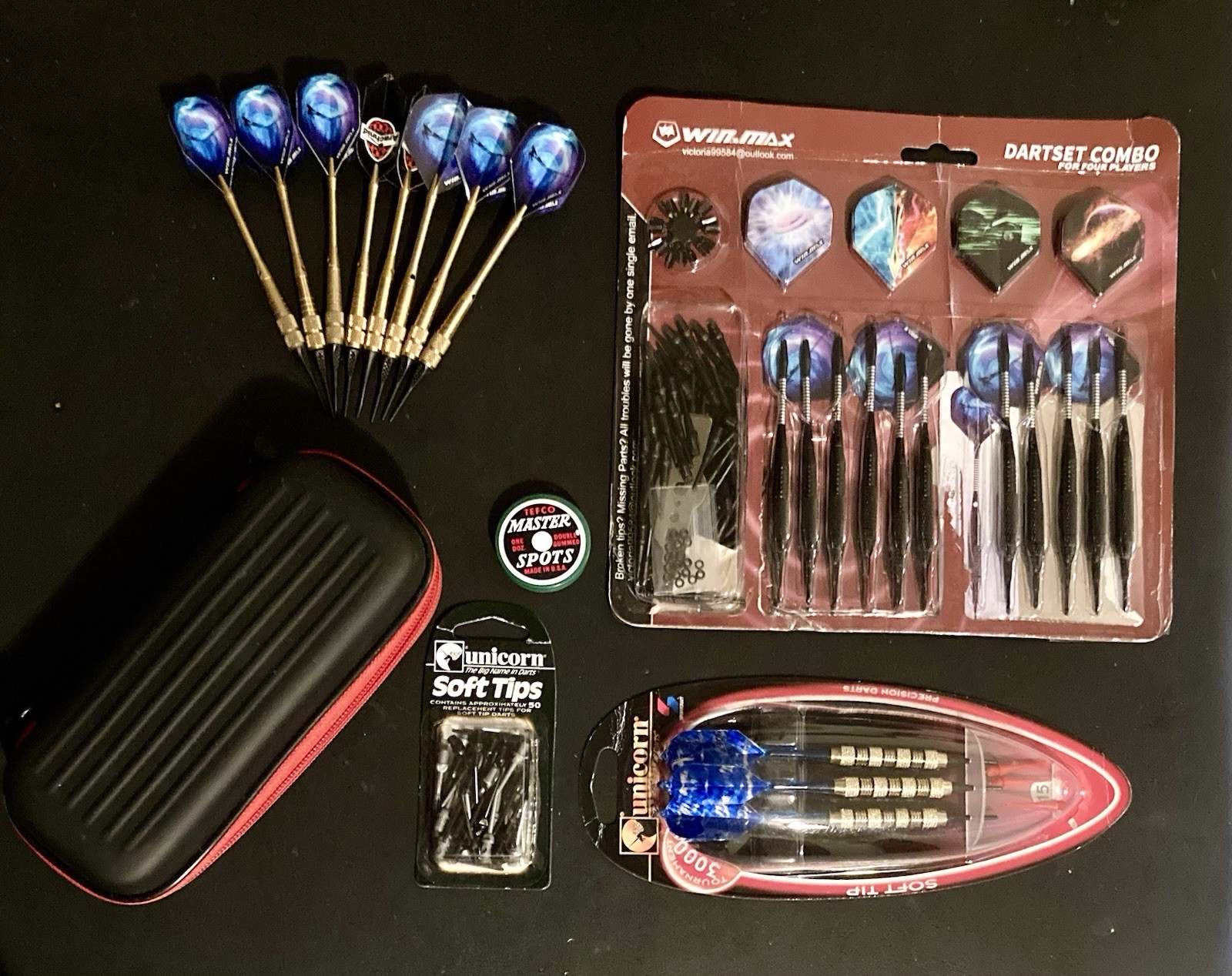 Plastic Tip Darts Lot + Case, Flights, Tips Most New Total 22 Darts Unicorn