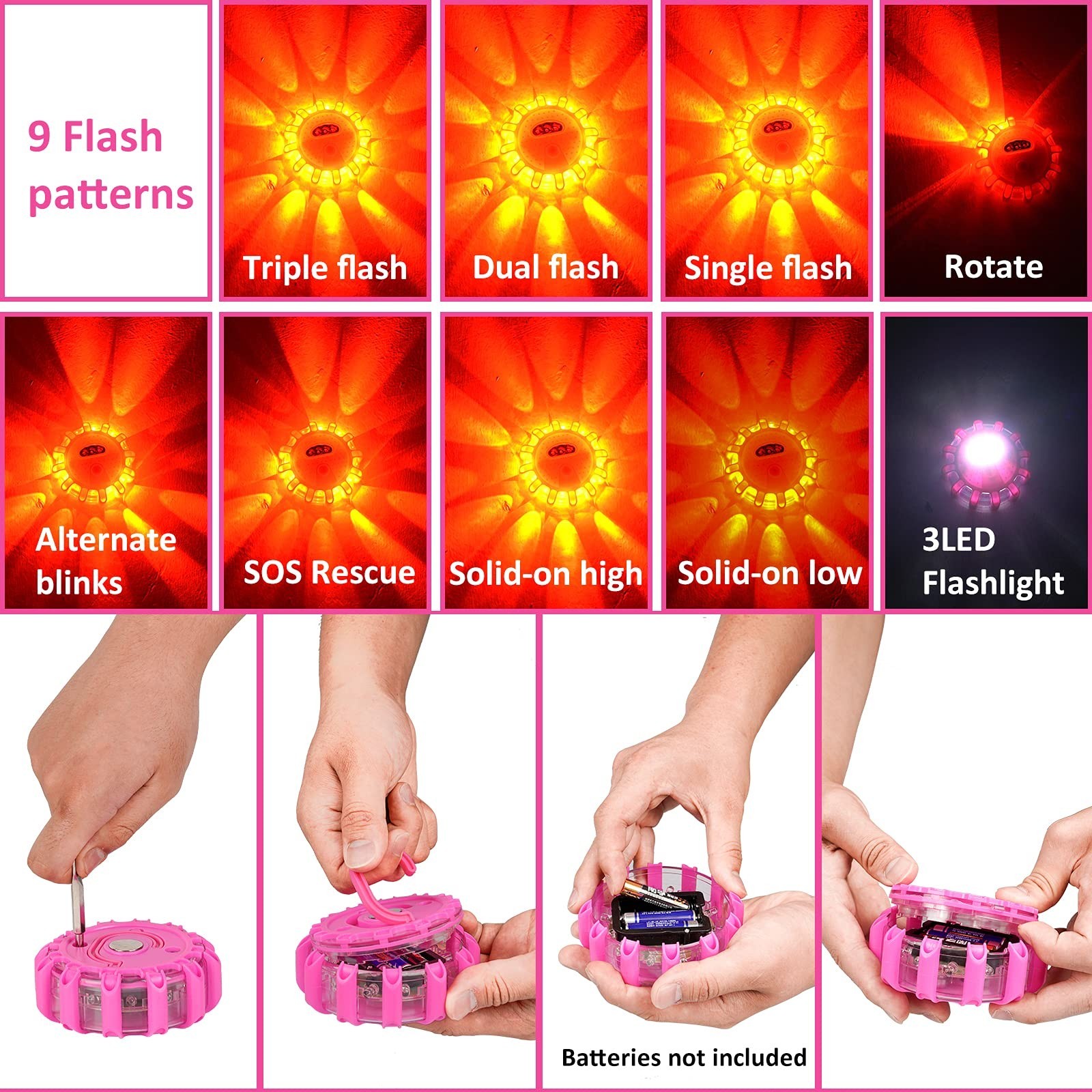 Pink Roadside Assistance Kit with Jumper Cable, Tow Rope, LED Road Flare, Dee...