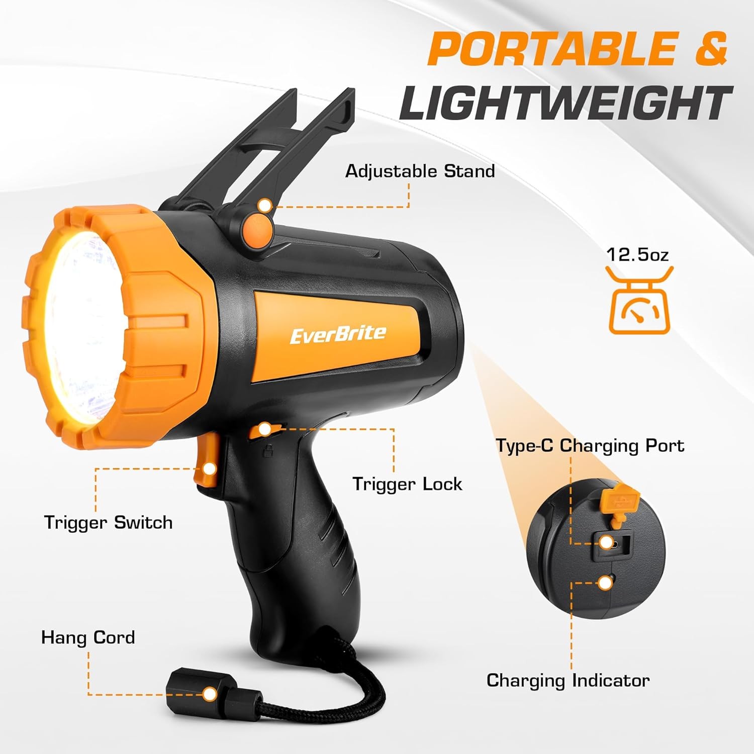 EverBrite 500LM Rechargeable Spotlight Worklight LED Flashlight Adjustable Stand