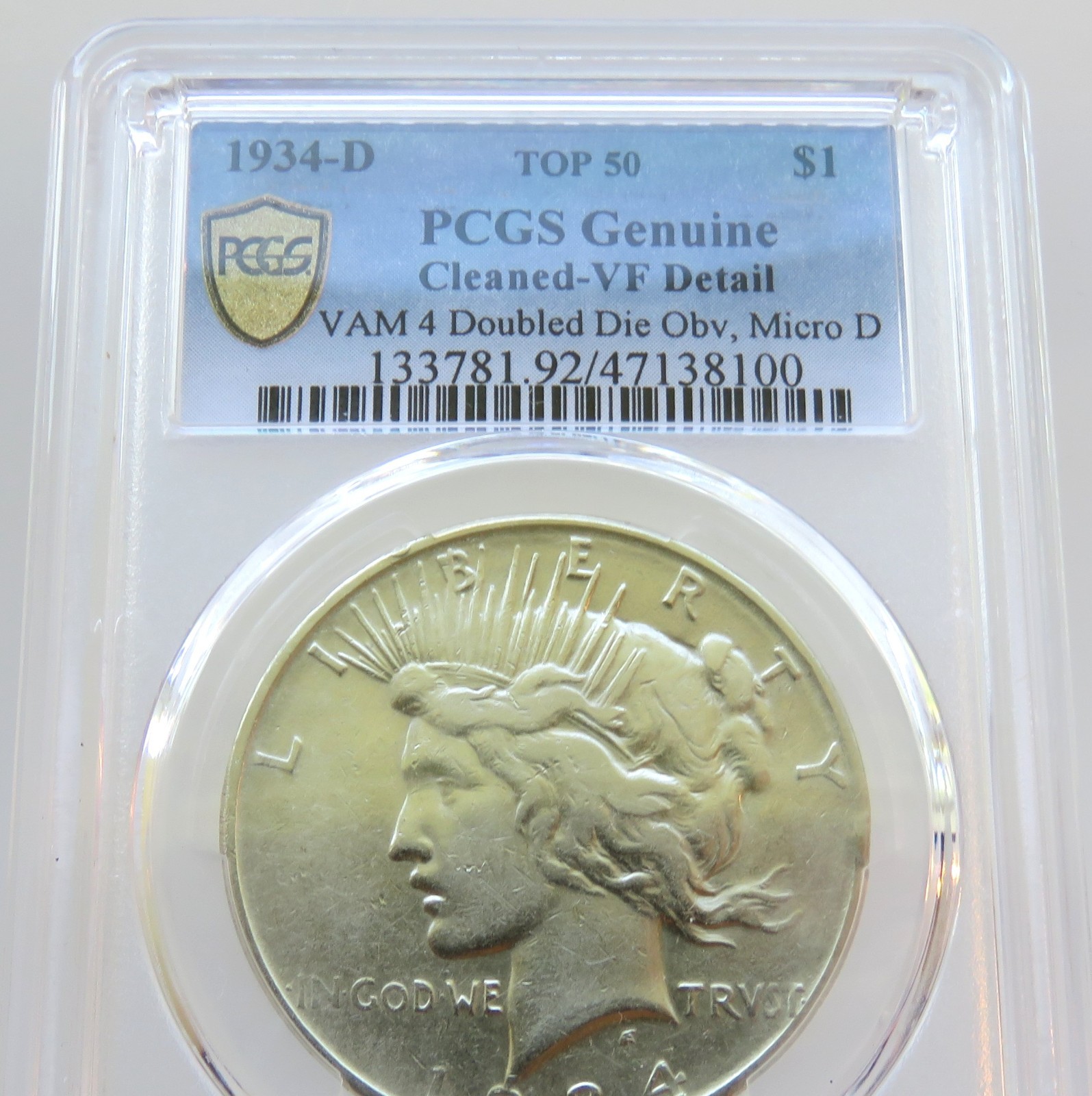 1934-D Peace Dollar VAM-4 DDO Micro D Top 50! - PCGS Cleaned VF Detail - F#8100