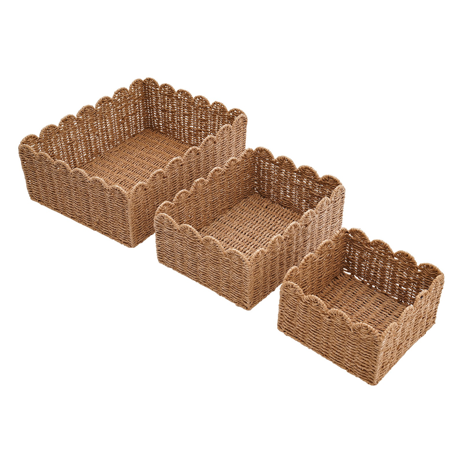 3-Piece Woven Storage Baskets Set Brown Rectangular Baskets for Desktop Organize