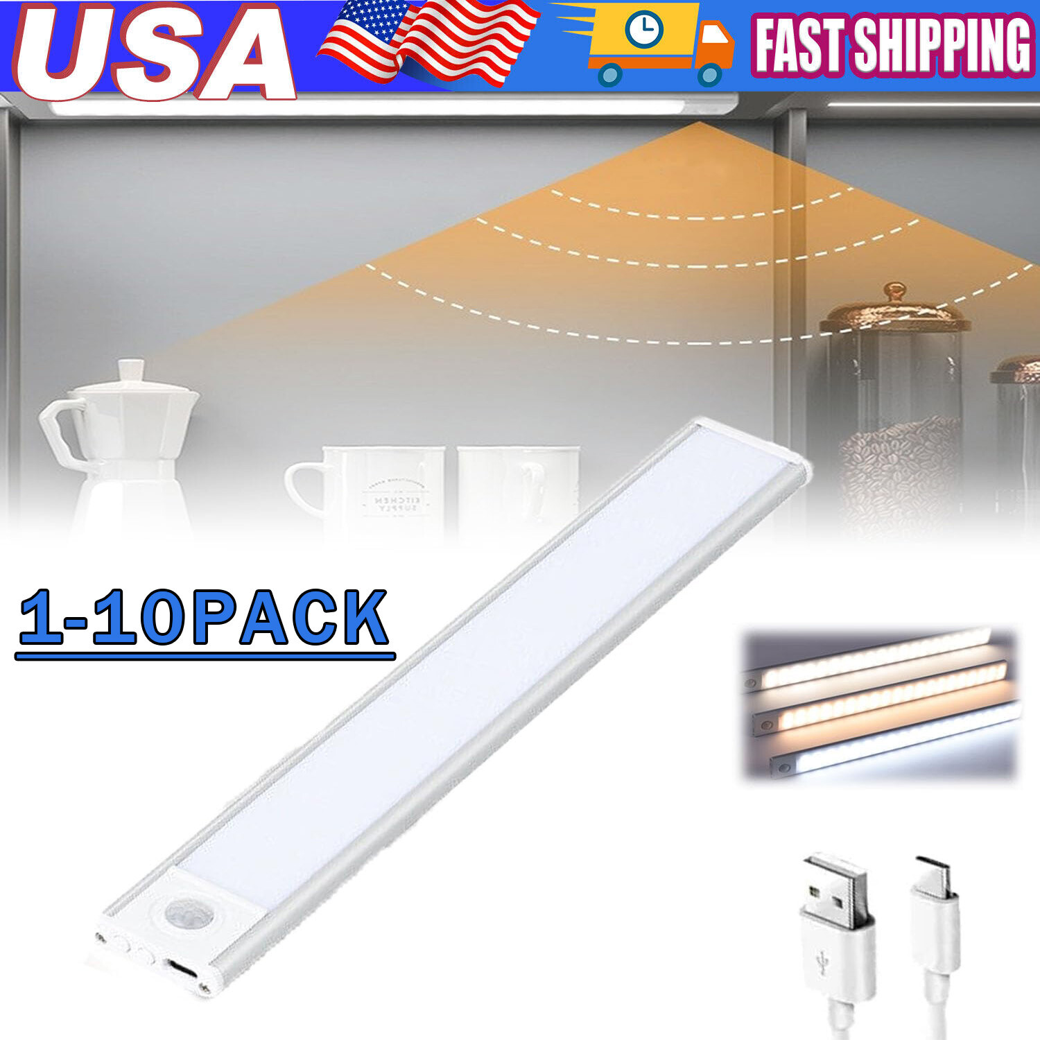 LED Motion Sensor Under Cabinet Closet Light USB Rechargeable Kitchen Lamp Strip