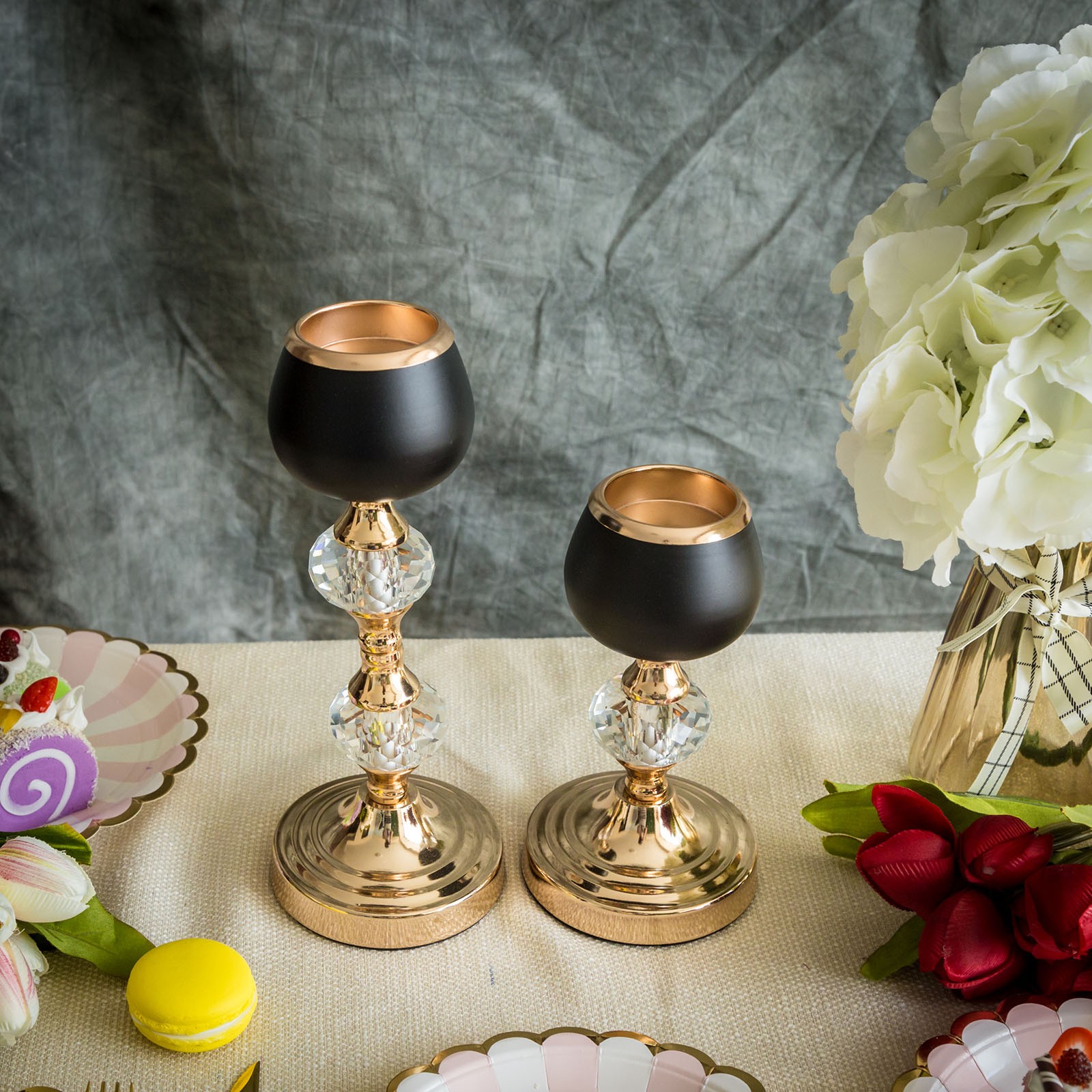 2 pcs 7" 11" tall Gold and Black Metallic Candle Holders Crystal Accents