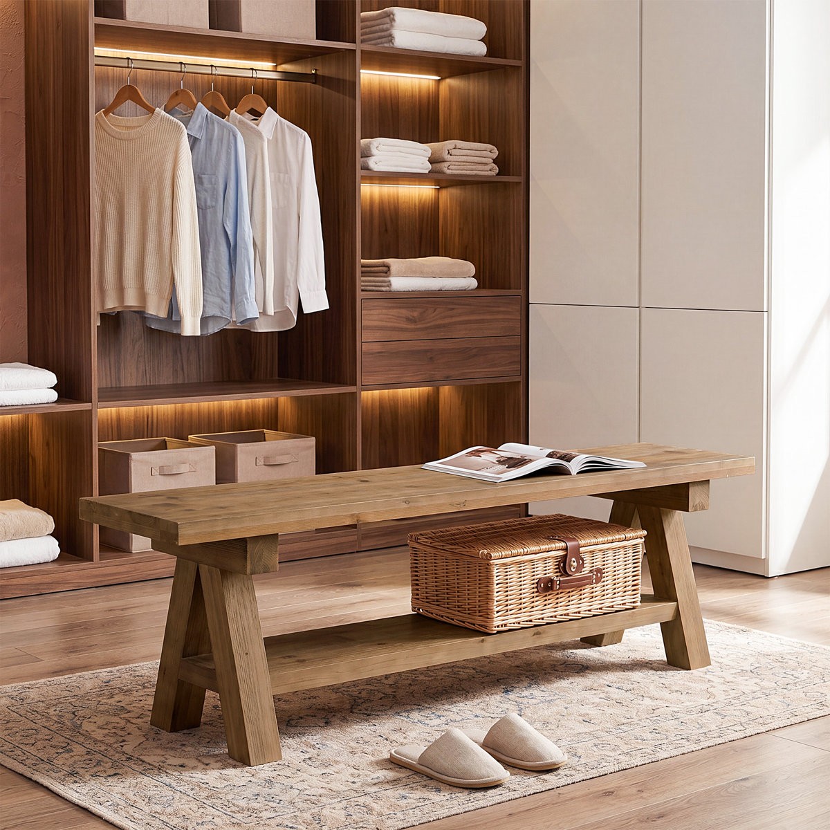 63" Solid Wood Entryway Bench, Dinning Bench with Open Storage for Dining Room