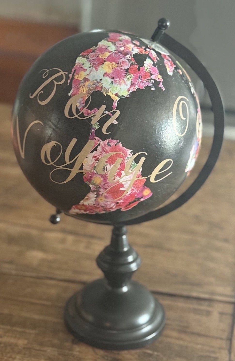 Decorative Floral and Black World Globe "Bon Voyage" and “Oohlala”