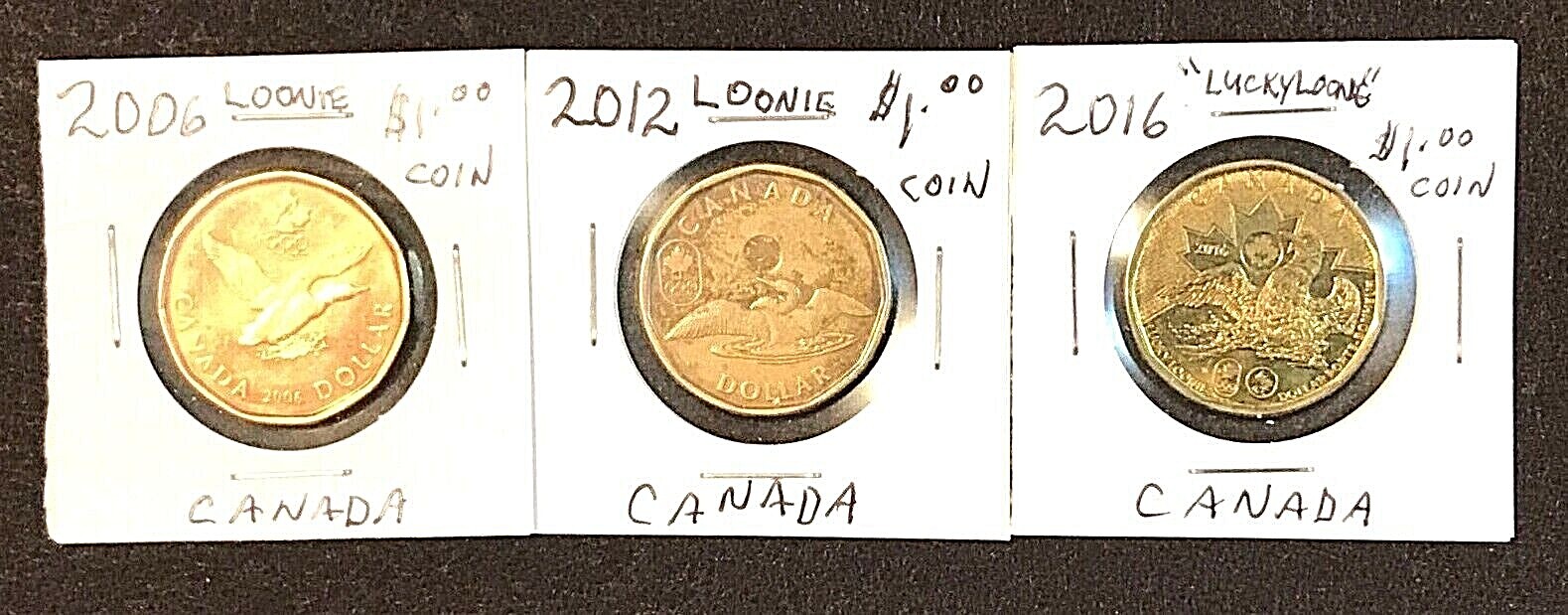 3 CANADIAN LOONIE $1 DOLLAR COINS - 3 COIN LOT -2006 20012 & 2016 THE FAMOUS "LU