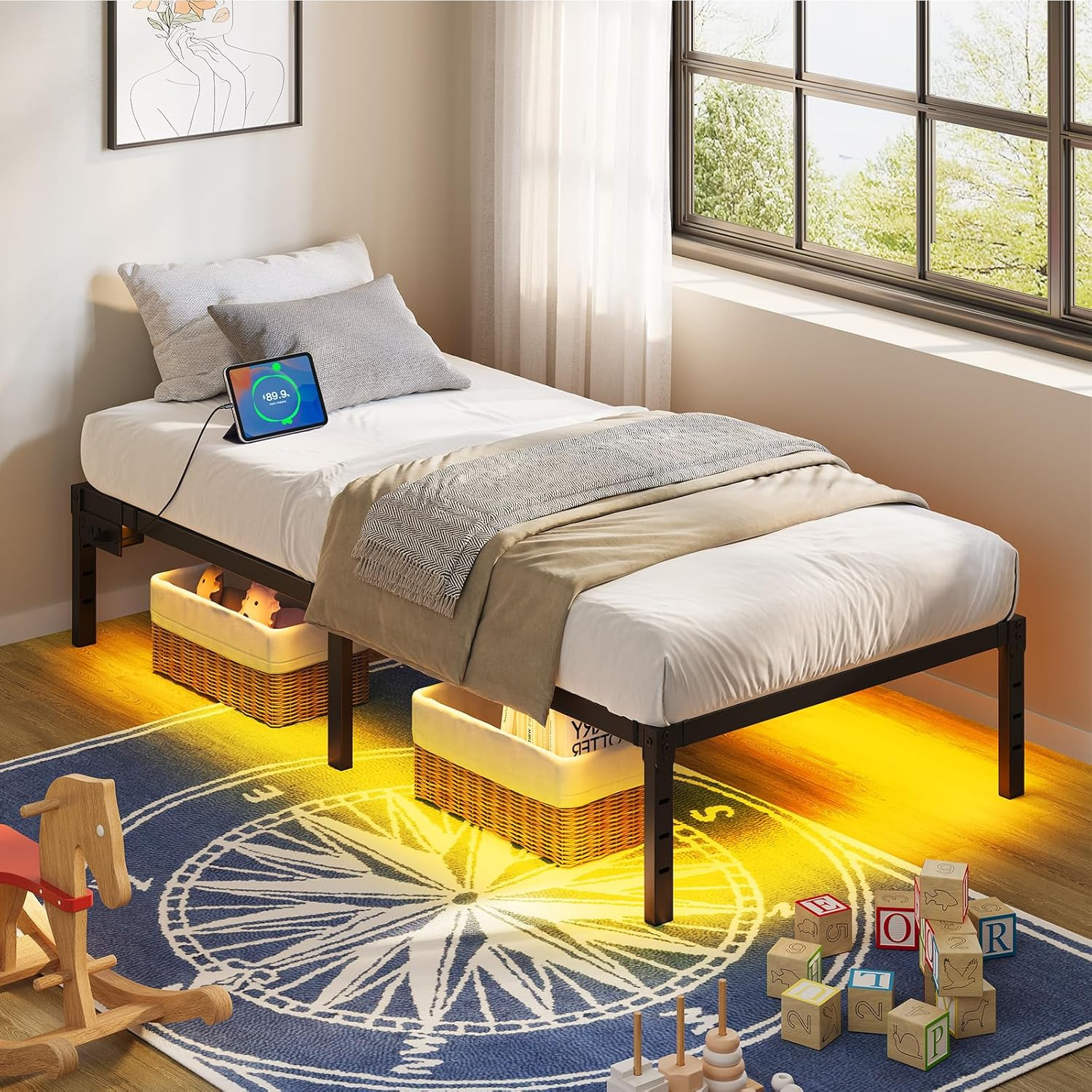 Bed Frame with USB Charging Station, Twin Bed Frame with LED Lights, Platform Be