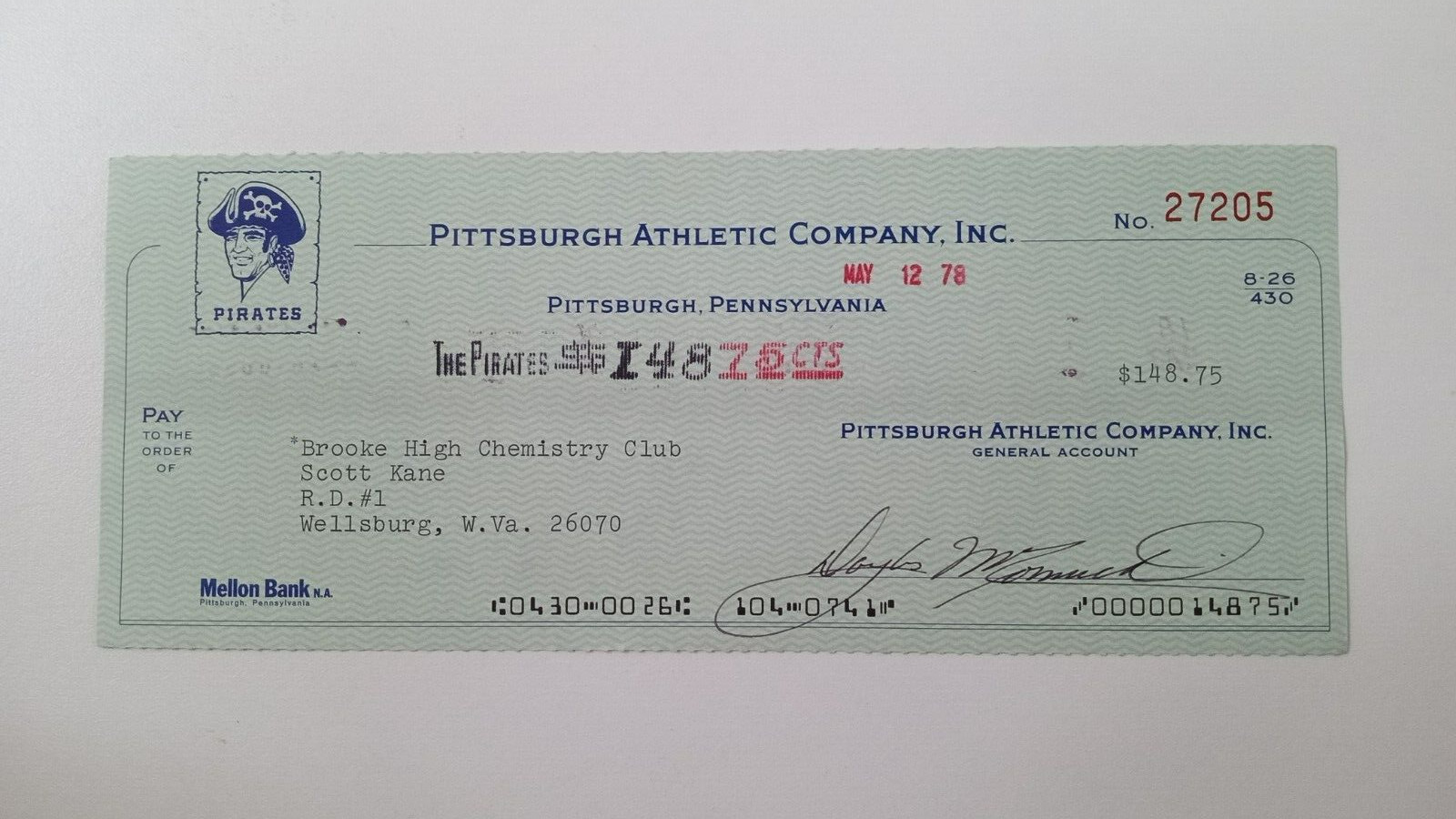 Brooke High Chemistry Club: 1978 Pittsburgh Pirates Expense Check