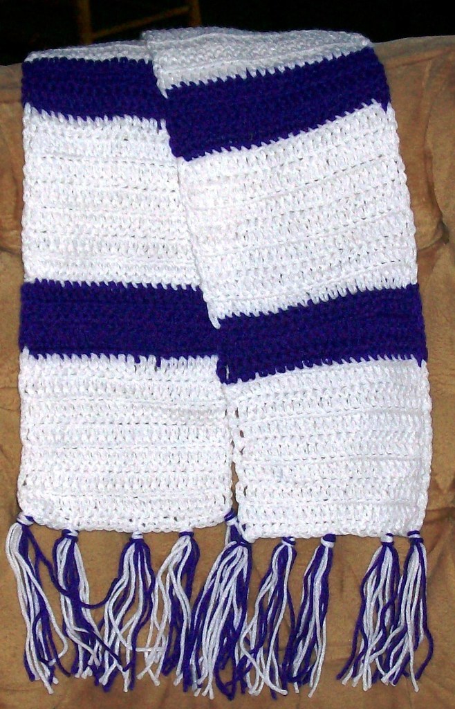 Handmade Crocheted Scarf Purple and White with fringe 88% Acrylic 12 % Nylon