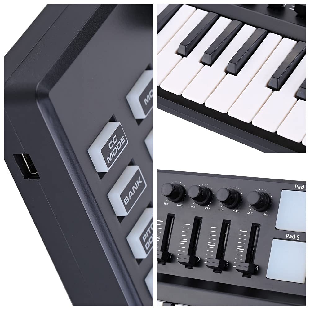 Mini 25-Key Midi Keyboard Controller With 8 Velocity-Sensitive Drum Pads, Portab