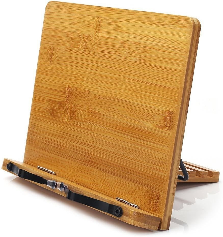 Bamboo Book Stand, Adjustable Book Holder 11.0 x 8.1 inches, Brown Page Clips