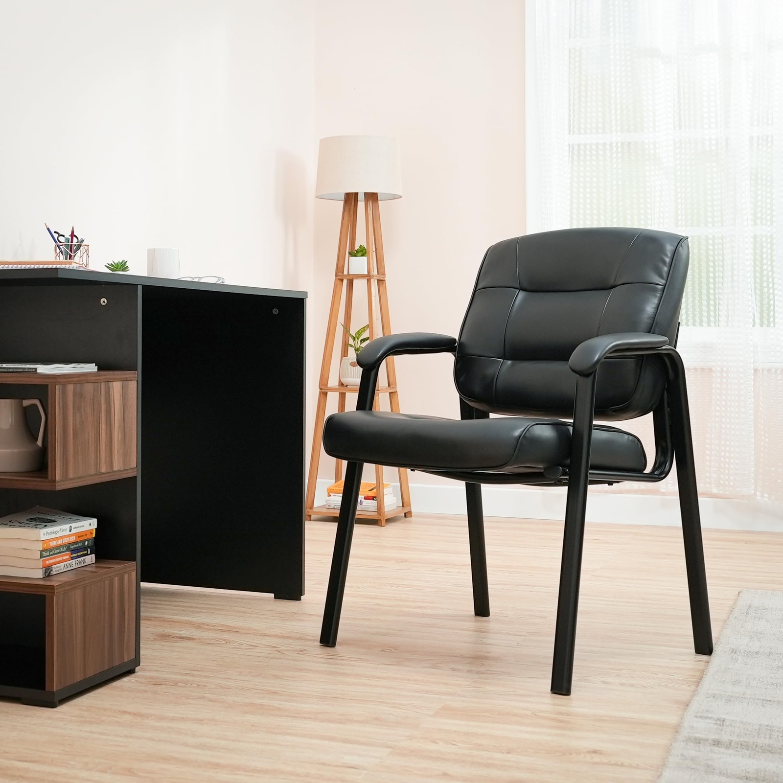Classic Faux Leather Office Desk Guest Chair with Metal Frame Black 27.4D x