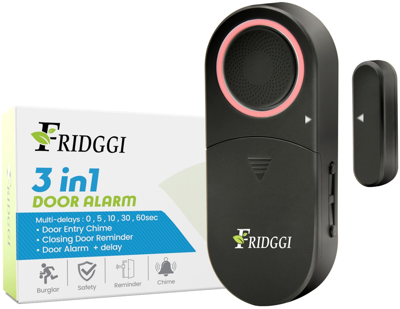 3-in-1 Alarm - Door Left Open Chime with Delay, 0/5/10/30/60 Seconds, Black