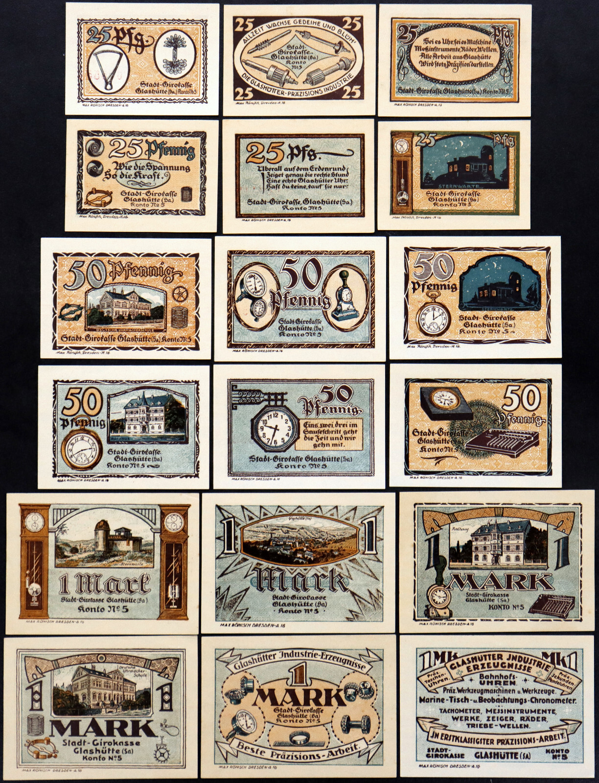 GLASHÜTTE 1921 "Clocks/Precision Industries" RARE Complete 18-note Set Notgeld
