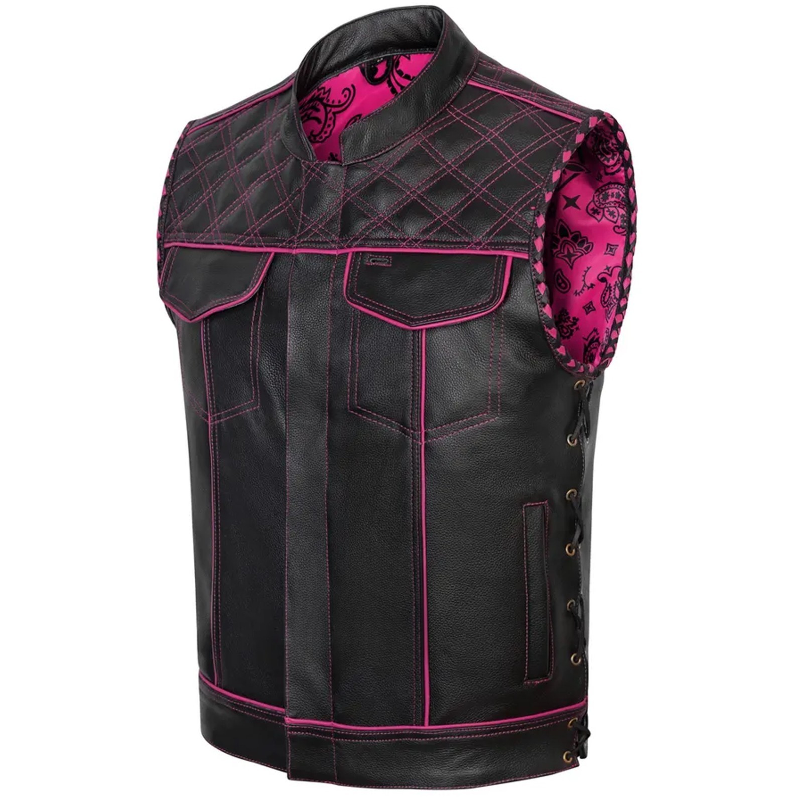 Handmade Leather Biker Vest Black & Pink Motorcycle Vest Genuine Leather Club