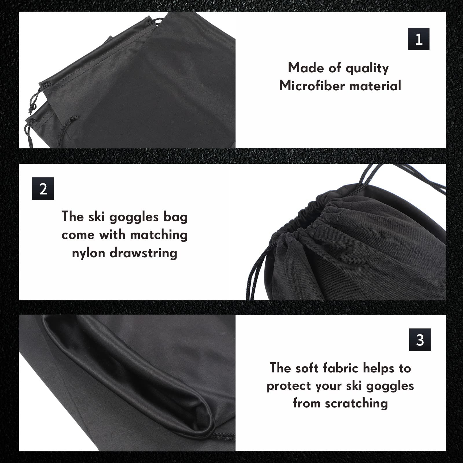 Konohan 3 Pcs Ski Goggle Bags Microfiber Drawstring Protection Large, Black