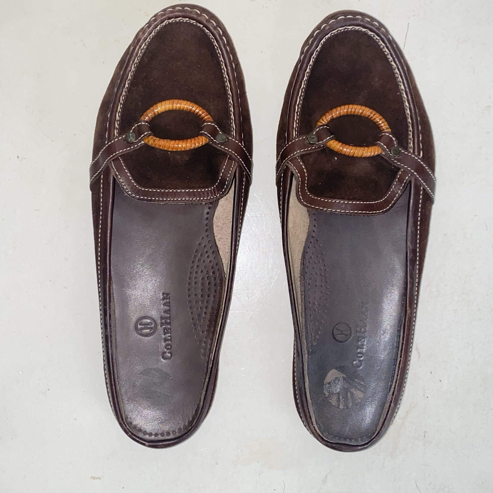 Cole Haan Brown Suede Leather Oval Wicker Front Accent Mules Womens Size 9 B