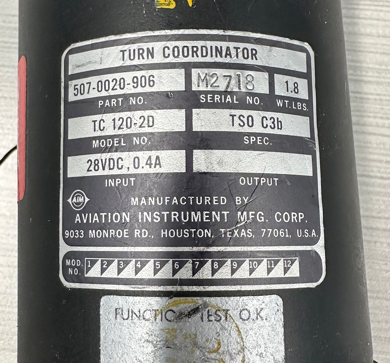 Beechcraft Turn Coordinator TC120-2D pn: 507-0020-906